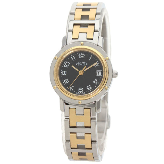 HERMES Watches Quartz CL4.220 Stainless Steel , SSxGP gold Clipper black dial Women Used Authentic