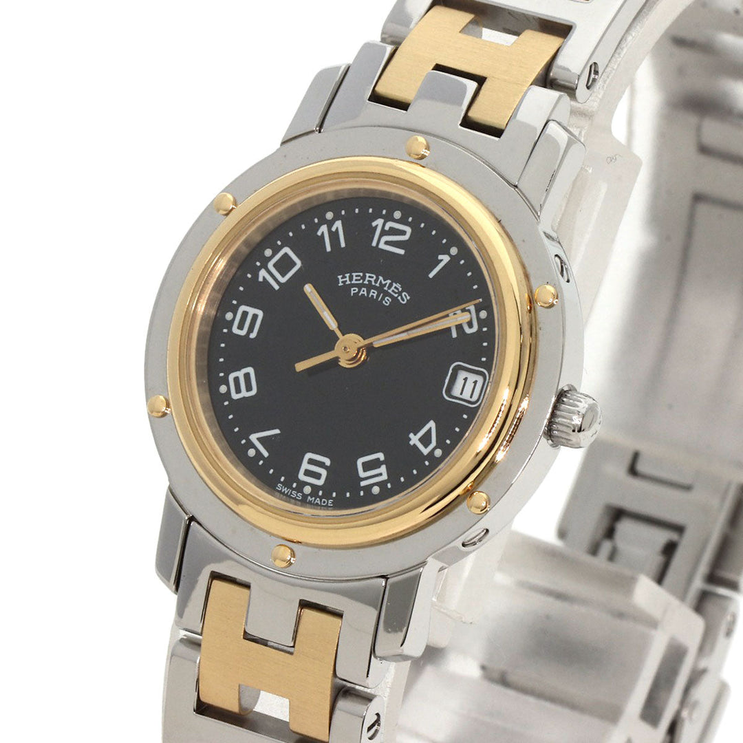 HERMES Watches Quartz CL4.220 Stainless Steel , SSxGP gold Clipper black dial Women Used Authentic