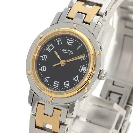 HERMES Watches Quartz CL4.220 Stainless Steel , SSxGP gold Clipper black dial Women Used Authentic