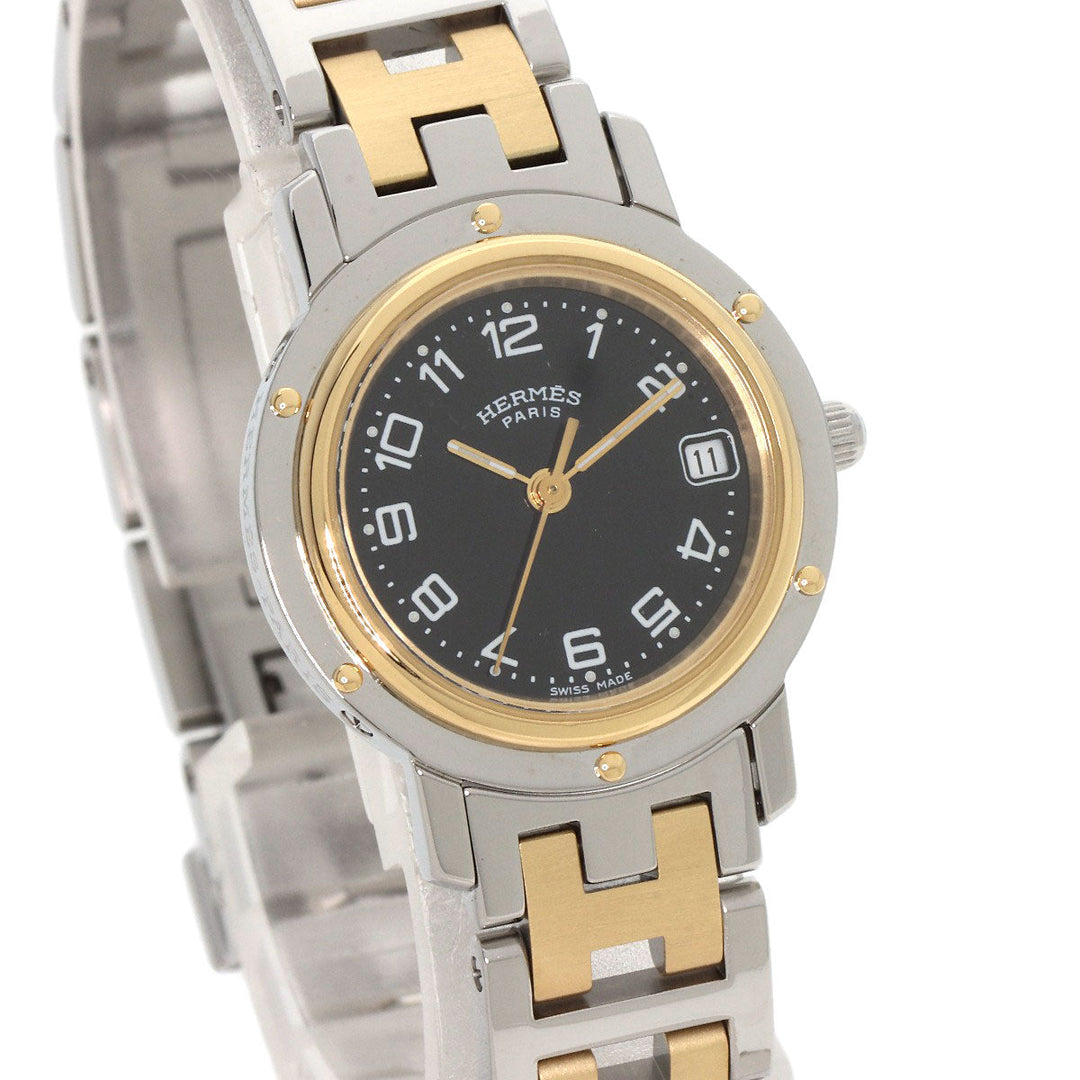 HERMES Watches Quartz CL4.220 Stainless Steel , SSxGP gold Clipper black dial Women Used Authentic