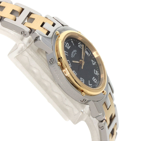 HERMES Watches Quartz CL4.220 Stainless Steel , SSxGP gold Clipper black dial Women Used Authentic