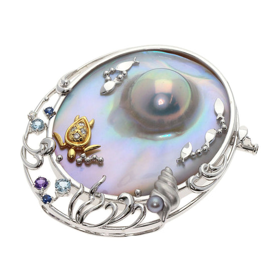 TASAKI Brooch K18WG Silver Mabe Pearl Pearl Sea Motif Color Stone Women Used Authentic
