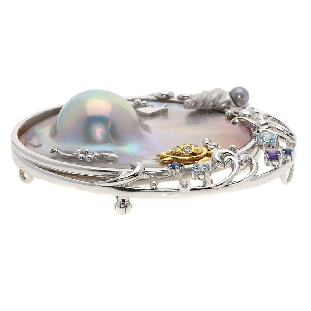 TASAKI Brooch K18WG Silver Mabe Pearl Pearl Sea Motif Color Stone Women Used Authentic