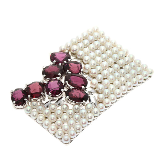 TASAKI Brooch K14WG Silver Garnet Pearl Obi Clip