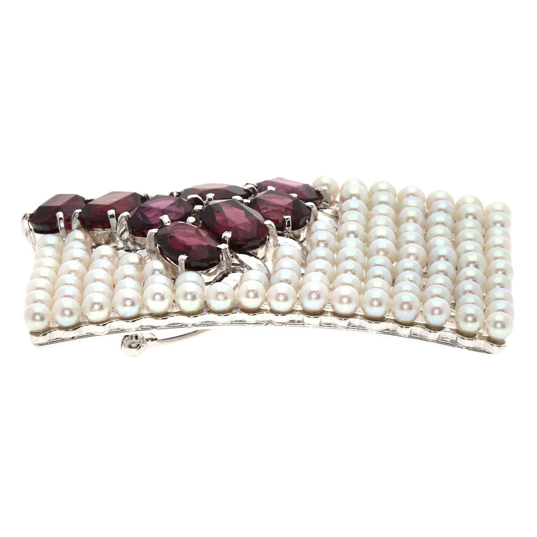 TASAKI Brooch K14WG Silver Garnet Pearl Obi Clip