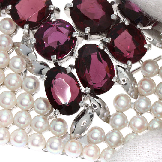 TASAKI Brooch K14WG Silver Garnet Pearl Obi Clip