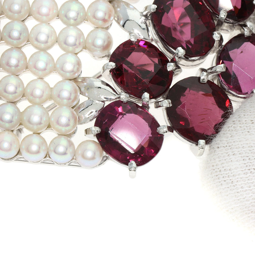 TASAKI Brooch K14WG Silver Garnet Pearl Obi Clip