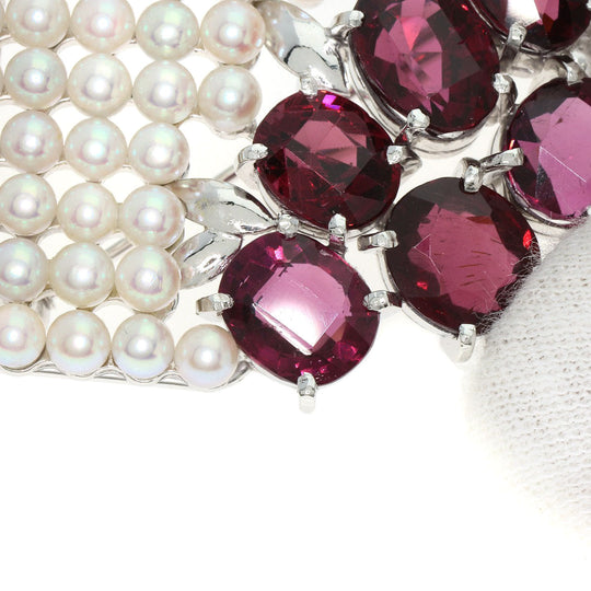 TASAKI Brooch K14WG Silver Garnet Pearl Obi Clip
