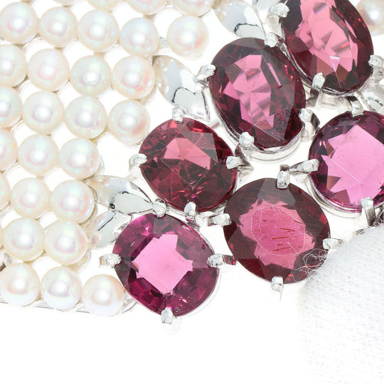 TASAKI Brooch K14WG Silver Garnet Pearl Obi Clip