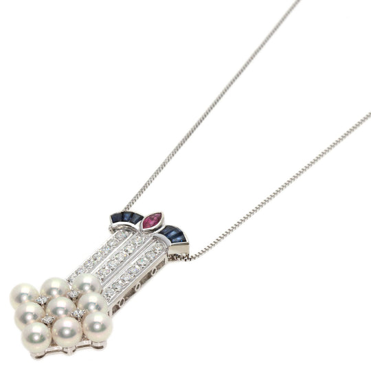 MIKIMOTO Necklace K18WG Silver Pearl Diamond Ruby Sapphire