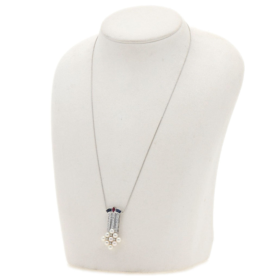 MIKIMOTO Necklace K18WG Silver Pearl Diamond Ruby Sapphire