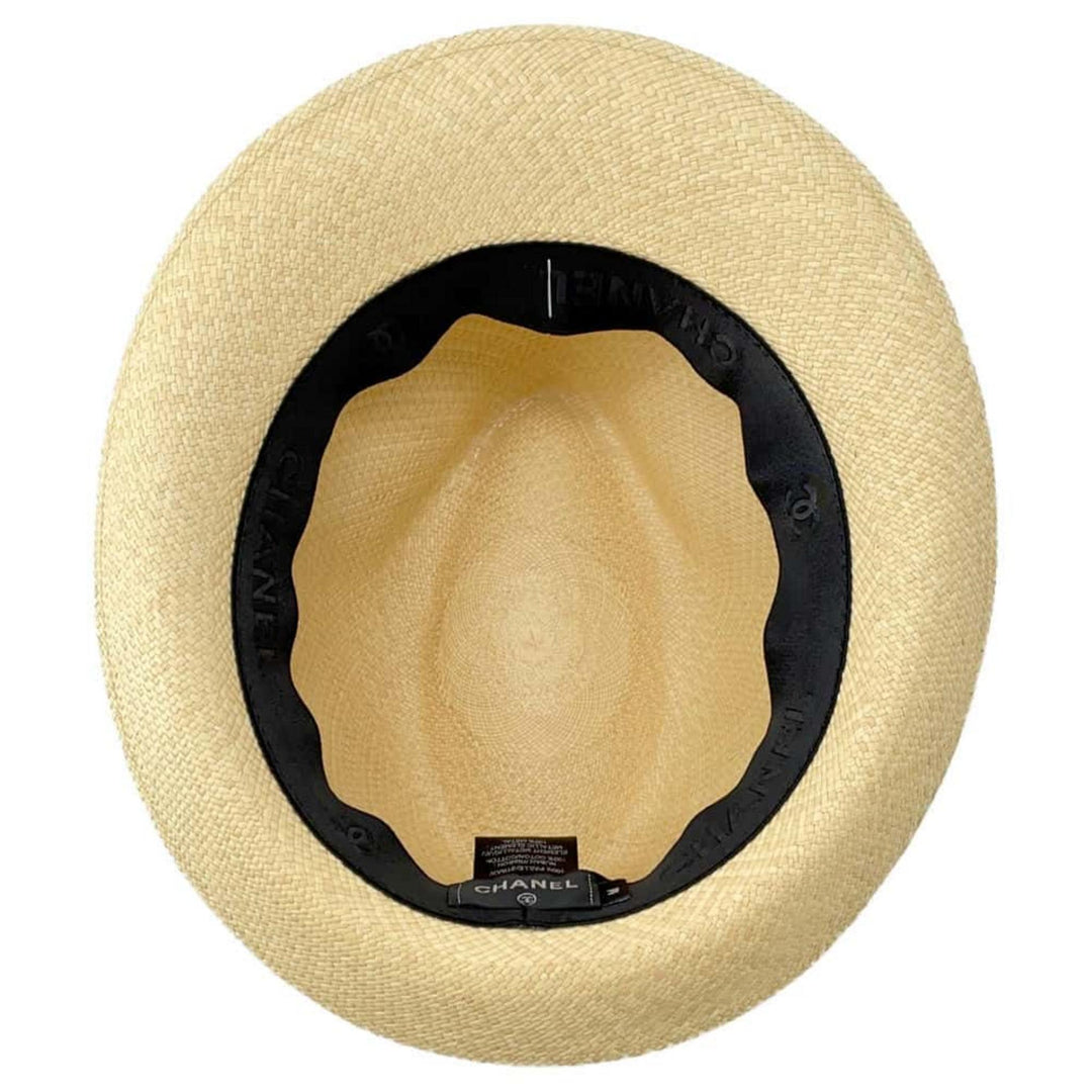 CHANEL CC Logo Ribbon Straw Beige Gray Hat New