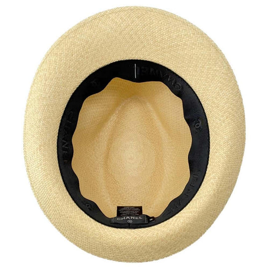 CHANEL CC Logo Ribbon Straw Beige Gray Hat New