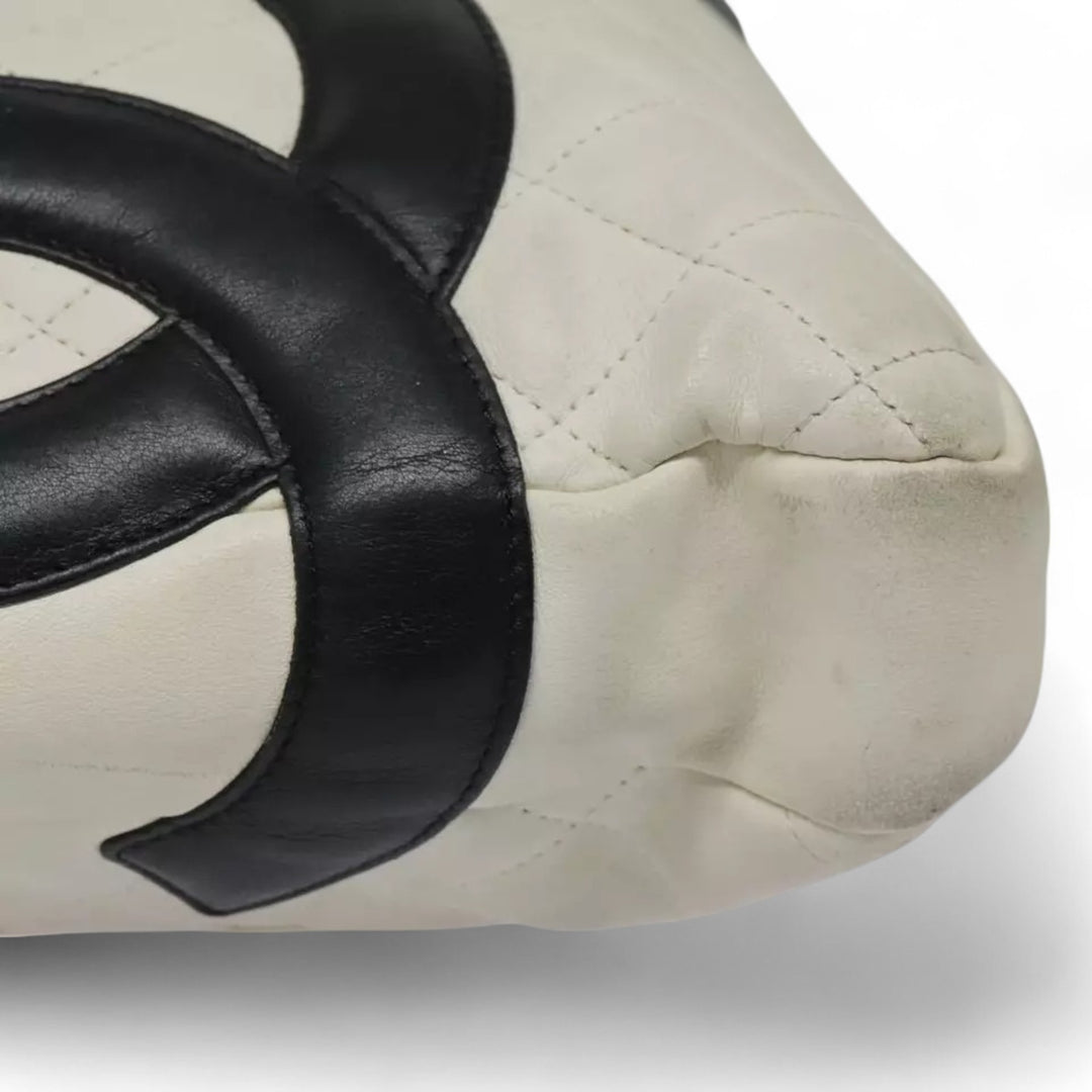 CHANEL Cambon Line Matelasse Shoulder Bag Leather White Black Silver CC