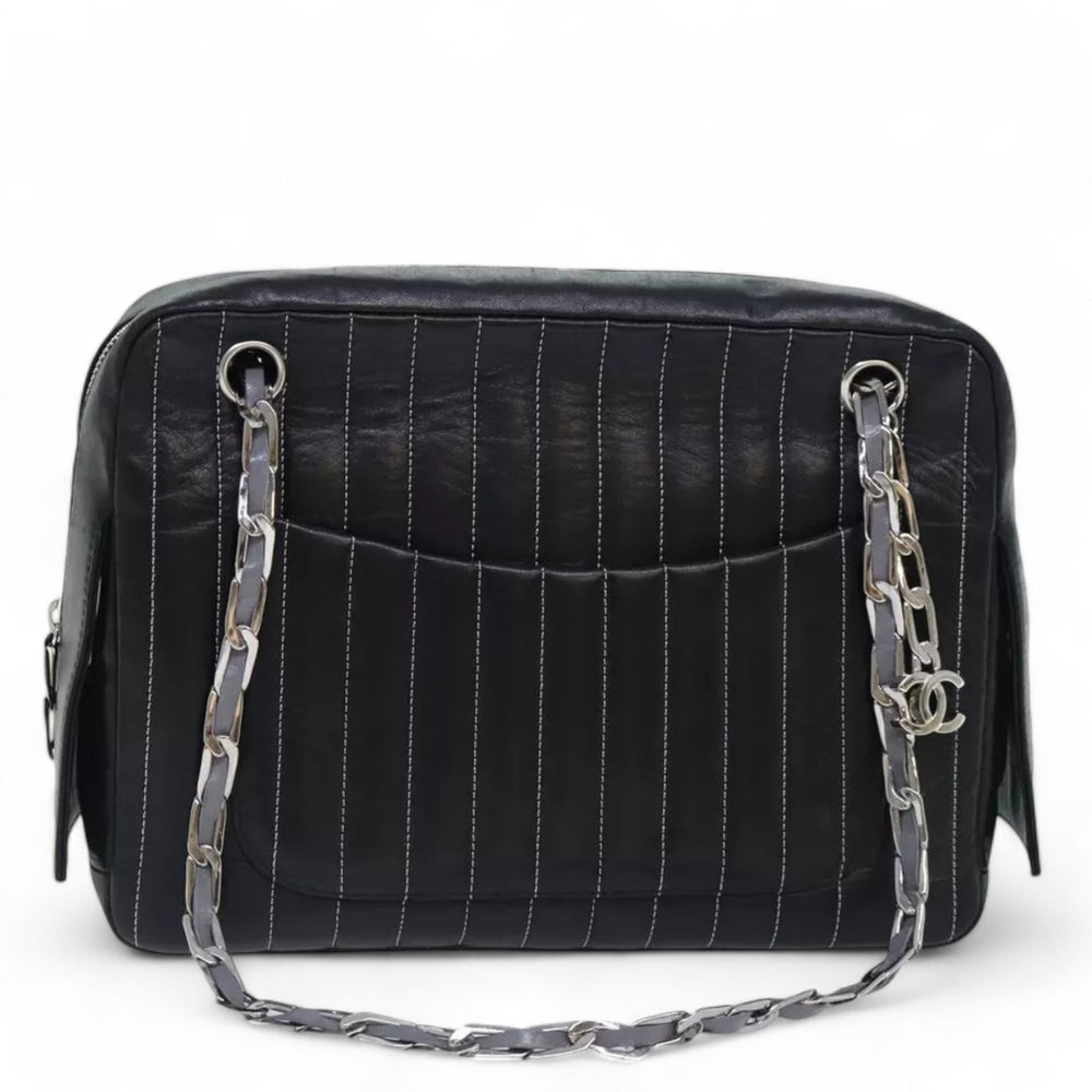 CHANEL Chain Shoulder Bag Leather Silver Black CC Women's Handbag