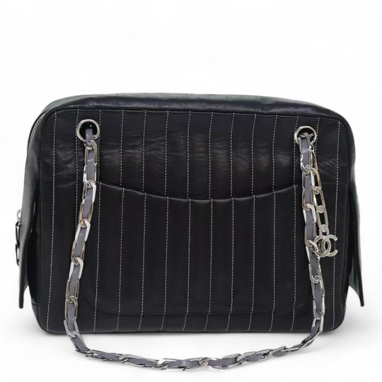 CHANEL Chain Shoulder Bag Leather Silver Black CC Women's Handbag
