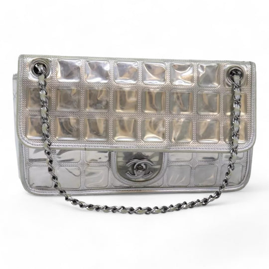 CHANEL Ice Cube Chain Turn Lock Bag Vinyl Silver Shoulder Bag