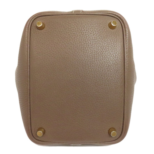 HERMES Handbag Taurillon Clemence Brown Picotin Lock PM Etoupe Gold Metal