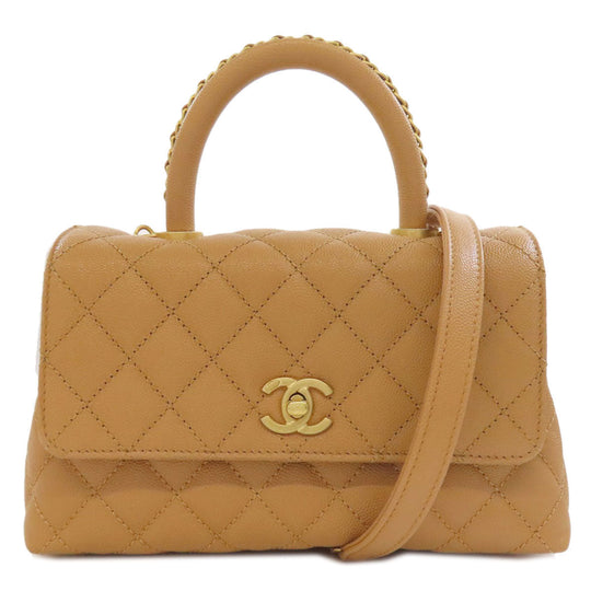 CHANEL Handbag Grained Calfskin Skin Brown Coco Handle Matelasse Gold Metal 2WAY Women Used Authentic
