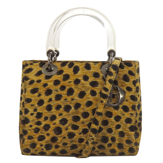 Christian Dior Handbag canvas Brown Lady Dior Leopard Pattern 2WAY Women Used Authentic