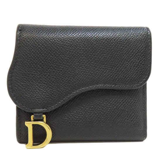 Christian Dior Bifold Wallet leather black Saddle Tri-Fold Wallet Mini Wallet Women Used Authentic