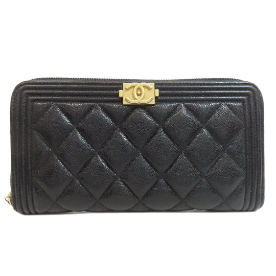 CHANEL Long Wallet Purse Grained Calfskin Skin black Boy Chanel Gold Metal