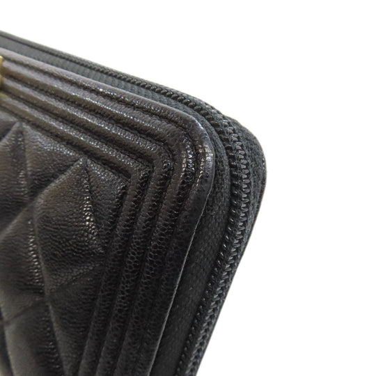 CHANEL Long Wallet Purse Grained Calfskin Skin black Boy Chanel Gold Metal