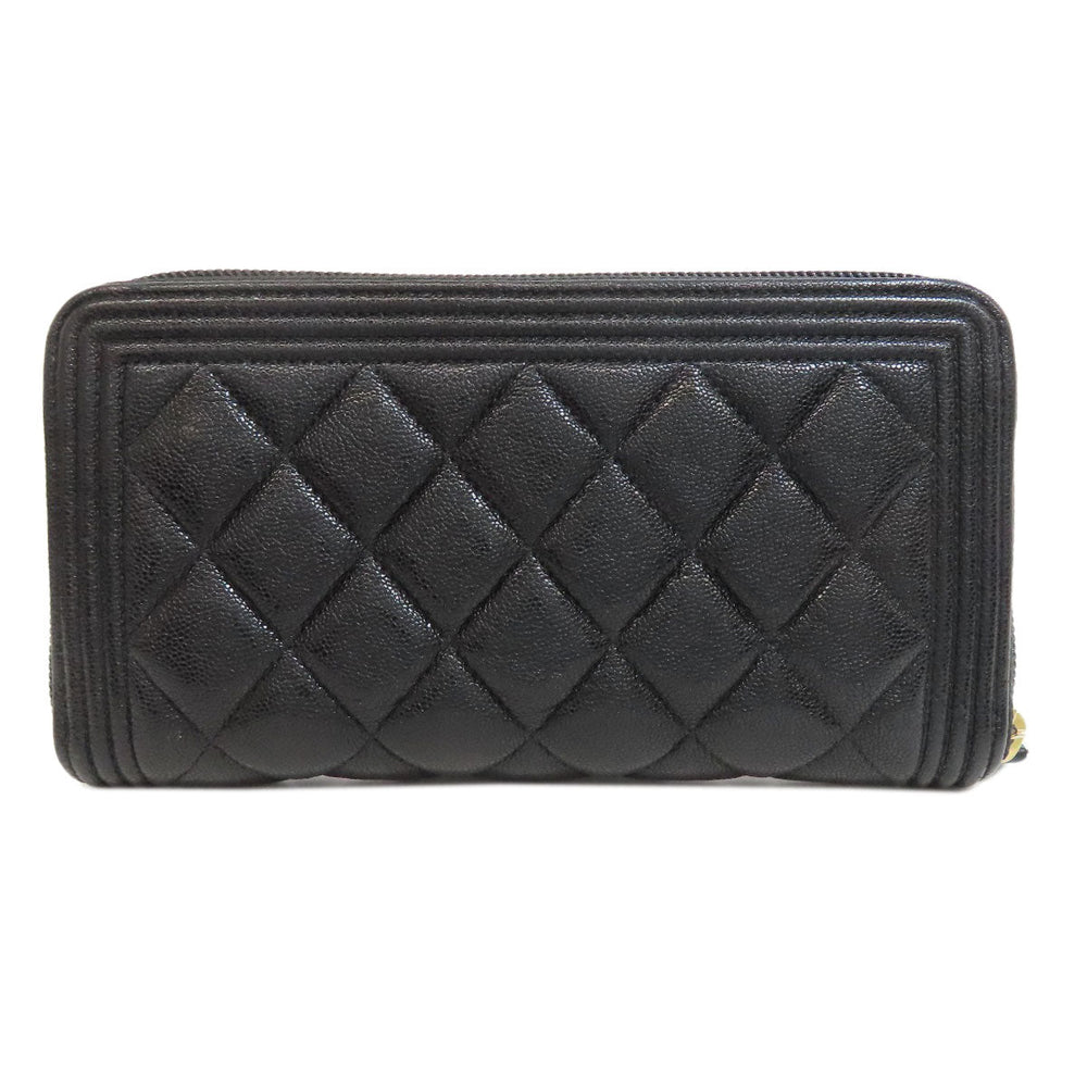 CHANEL Long Wallet Purse Grained Calfskin Skin black Boy Chanel Gold Metal