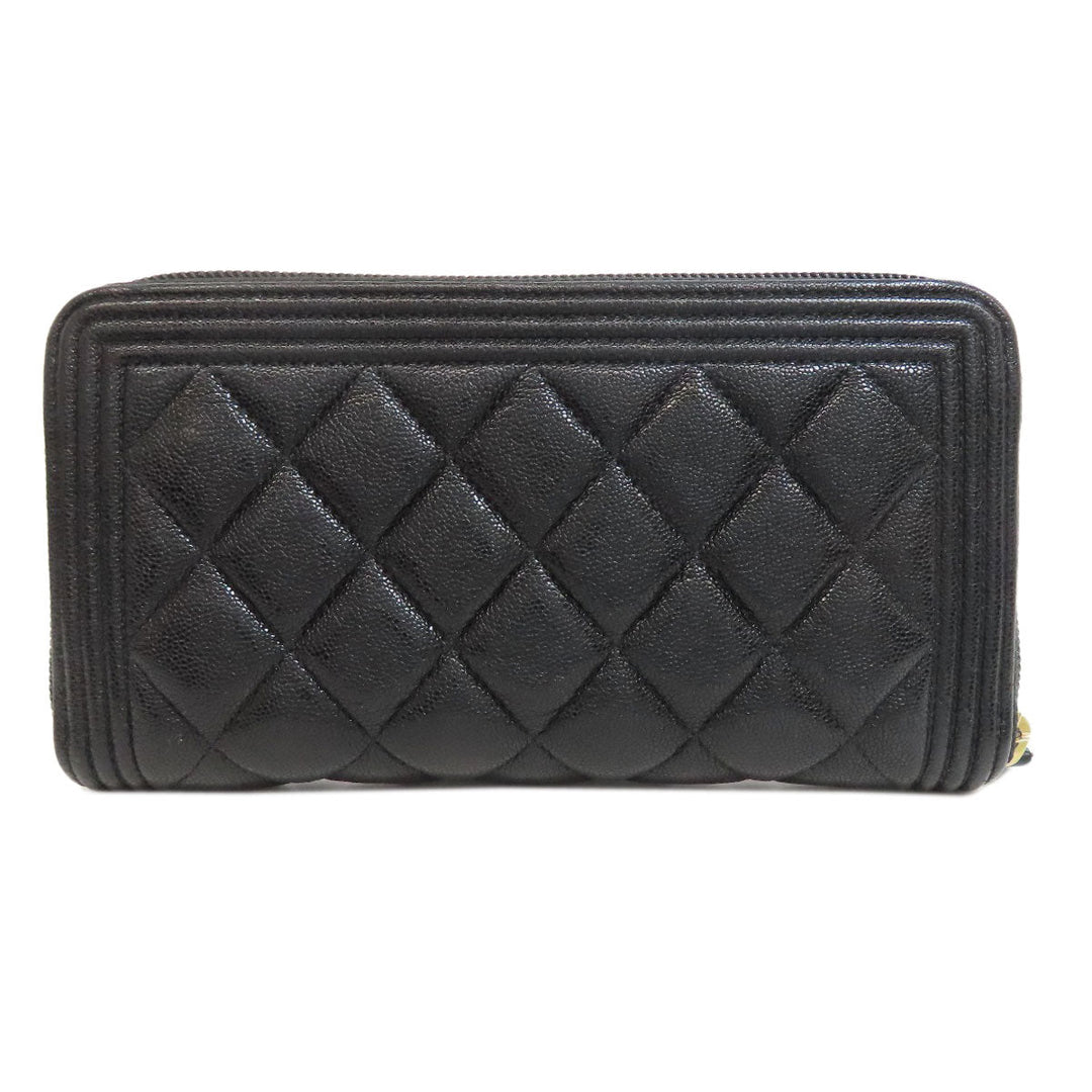 CHANEL Long Wallet Purse Grained Calfskin Skin black Boy Chanel Gold Metal