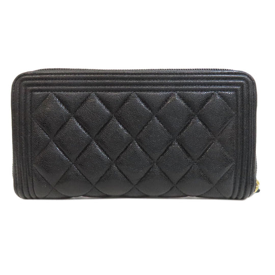 CHANEL Long Wallet Purse Grained Calfskin Skin black Boy Chanel Gold Metal