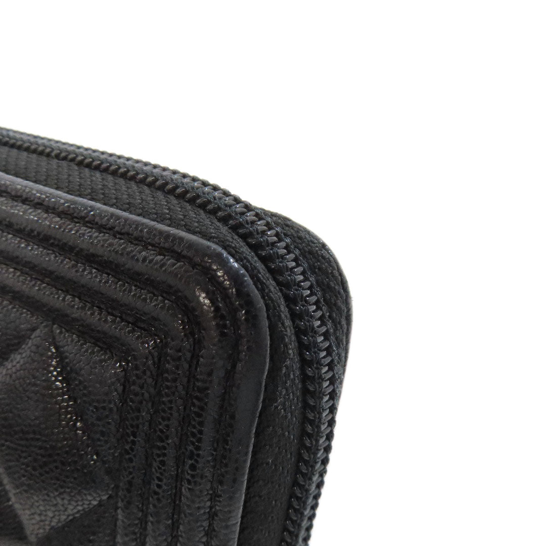 CHANEL Long Wallet Purse Grained Calfskin Skin black Boy Chanel Gold Metal
