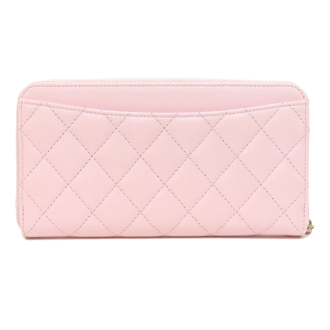 CHANEL Long Wallet Purse Grained Calfskin Skin pink Matelasse COCO Mark Gold Metal Women Used Authentic