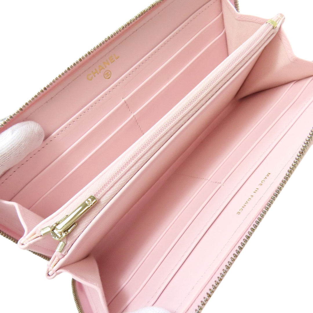 CHANEL Long Wallet Purse Grained Calfskin Skin pink Matelasse COCO Mark Gold Metal Women Used Authentic