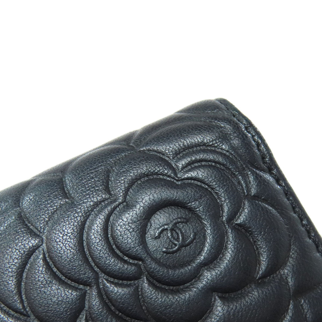 CHANEL Long Wallet Purse lambskin black Camellia COCO Mark SilverMetal Women Used Authentic