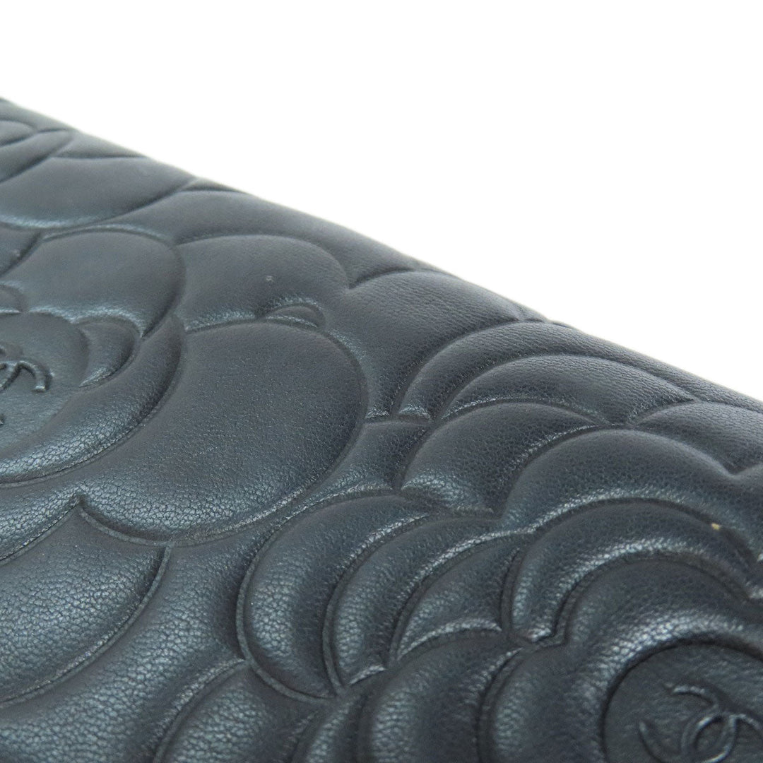 CHANEL Long Wallet Purse lambskin black Camellia COCO Mark SilverMetal Women Used Authentic