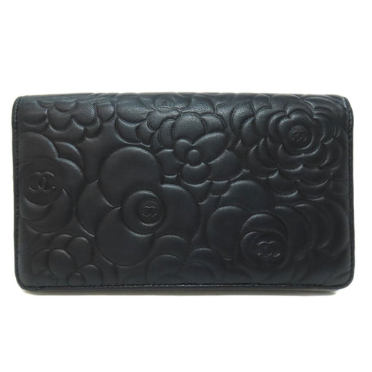 CHANEL Long Wallet Purse lambskin black Camellia COCO Mark SilverMetal Women Used Authentic