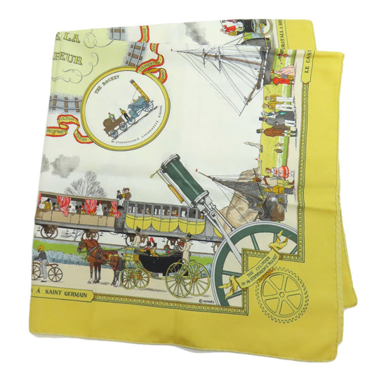 HERMES scarf silk yellow Carre90 Wonderful Steam Engine