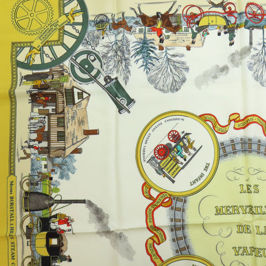 HERMES scarf silk yellow Carre90 Wonderful Steam Engine