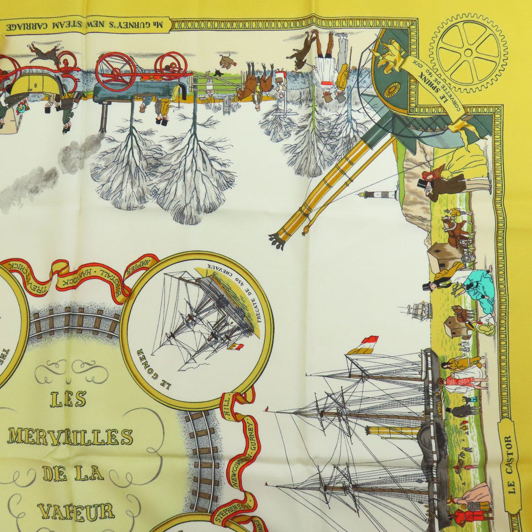 HERMES scarf silk yellow Carre90 Wonderful Steam Engine