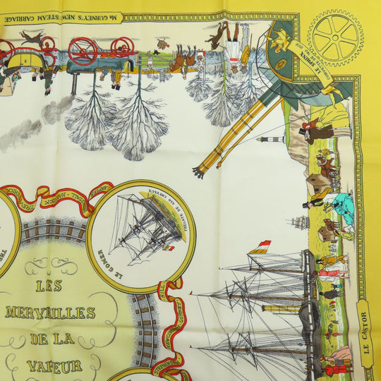 HERMES scarf silk yellow Carre90 Wonderful Steam Engine