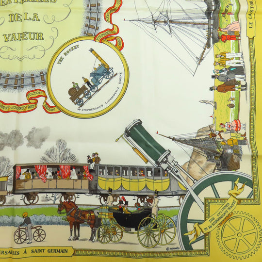 HERMES scarf silk yellow Carre90 Wonderful Steam Engine