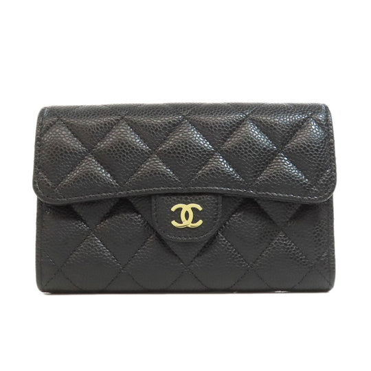 CHANEL Bifold Wallet Grained Calfskin Skin black Tri-fold Wallet Matelasse Gold Metal