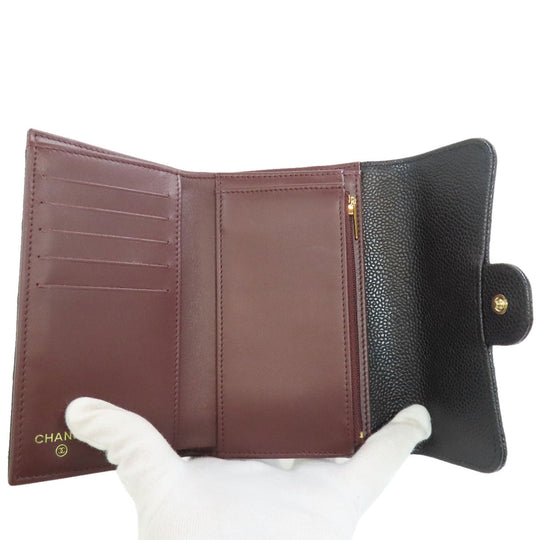 CHANEL Bifold Wallet Grained Calfskin Skin black Tri-fold Wallet Matelasse Gold Metal