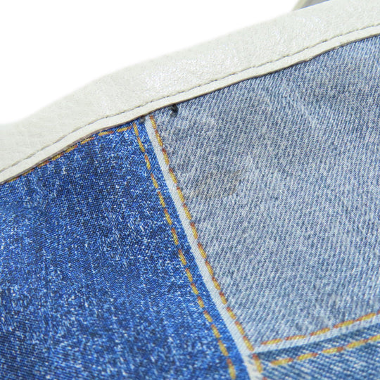 russet Tote Bag Nylon blue Denim patchwork print with long wallet Women Used Authentic