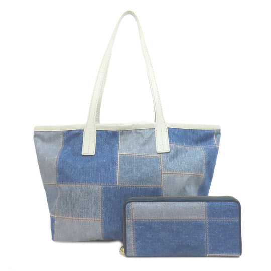 russet Tote Bag Nylon blue Denim patchwork print with long wallet Women Used Authentic
