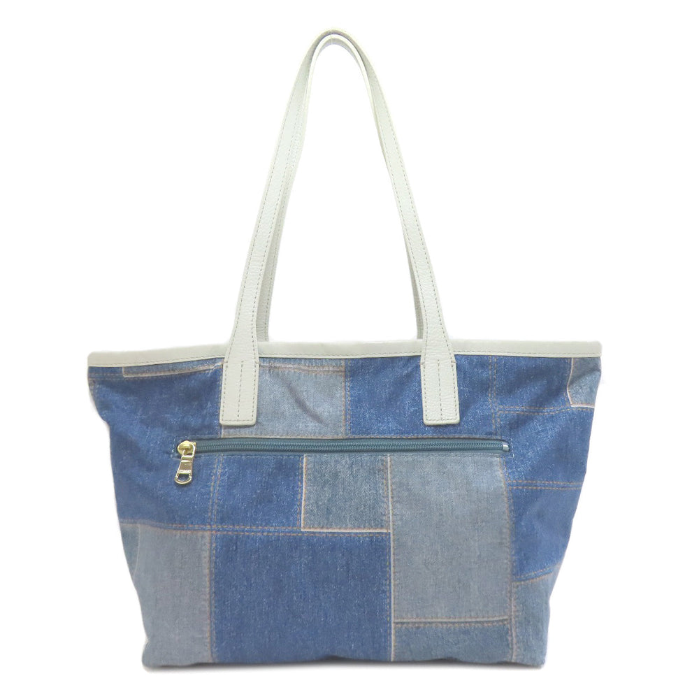 russet Tote Bag Nylon blue Denim patchwork print with long wallet Women Used Authentic