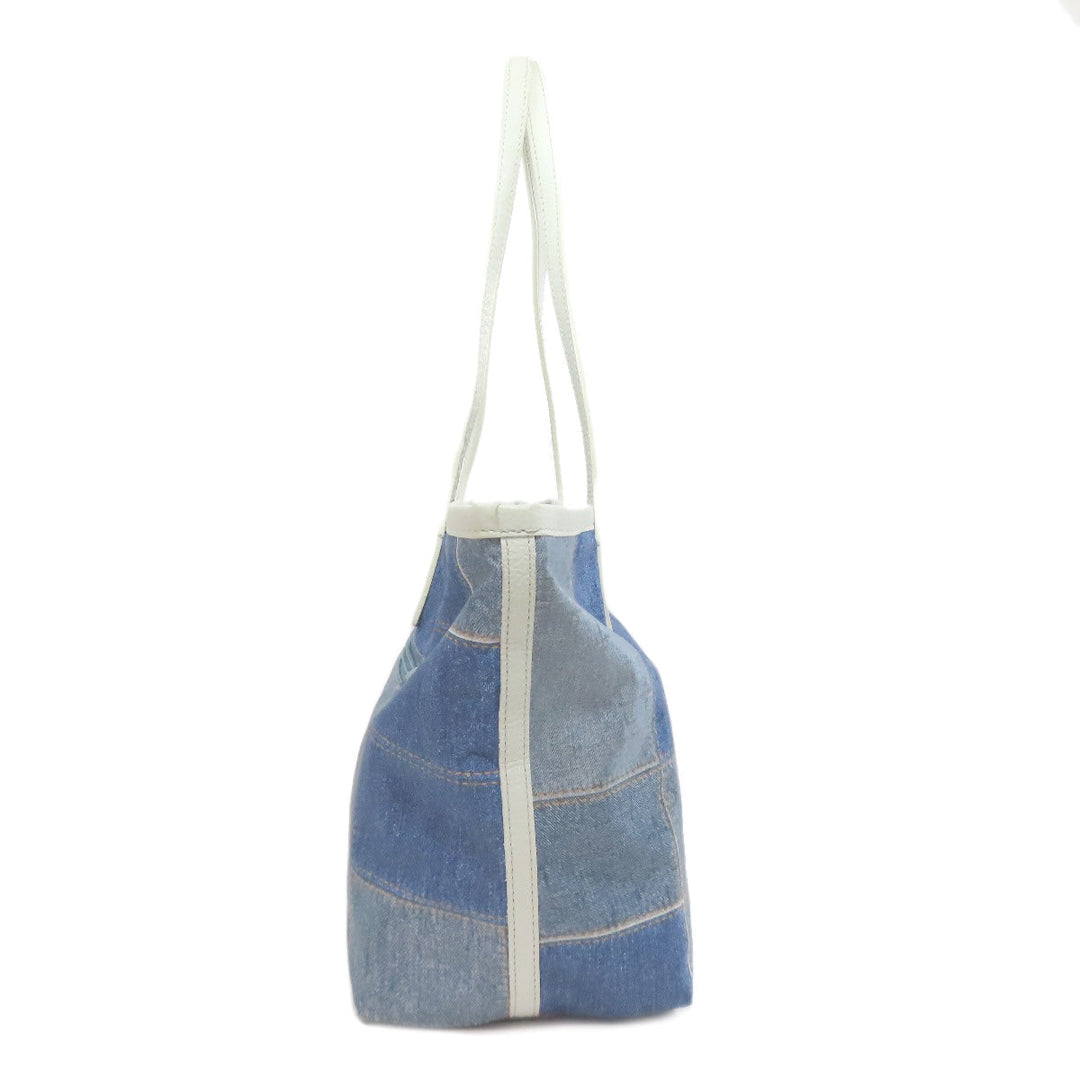 russet Tote Bag Nylon blue Denim patchwork print with long wallet Women Used Authentic