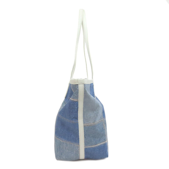 russet Tote Bag Nylon blue Denim patchwork print with long wallet Women Used Authentic