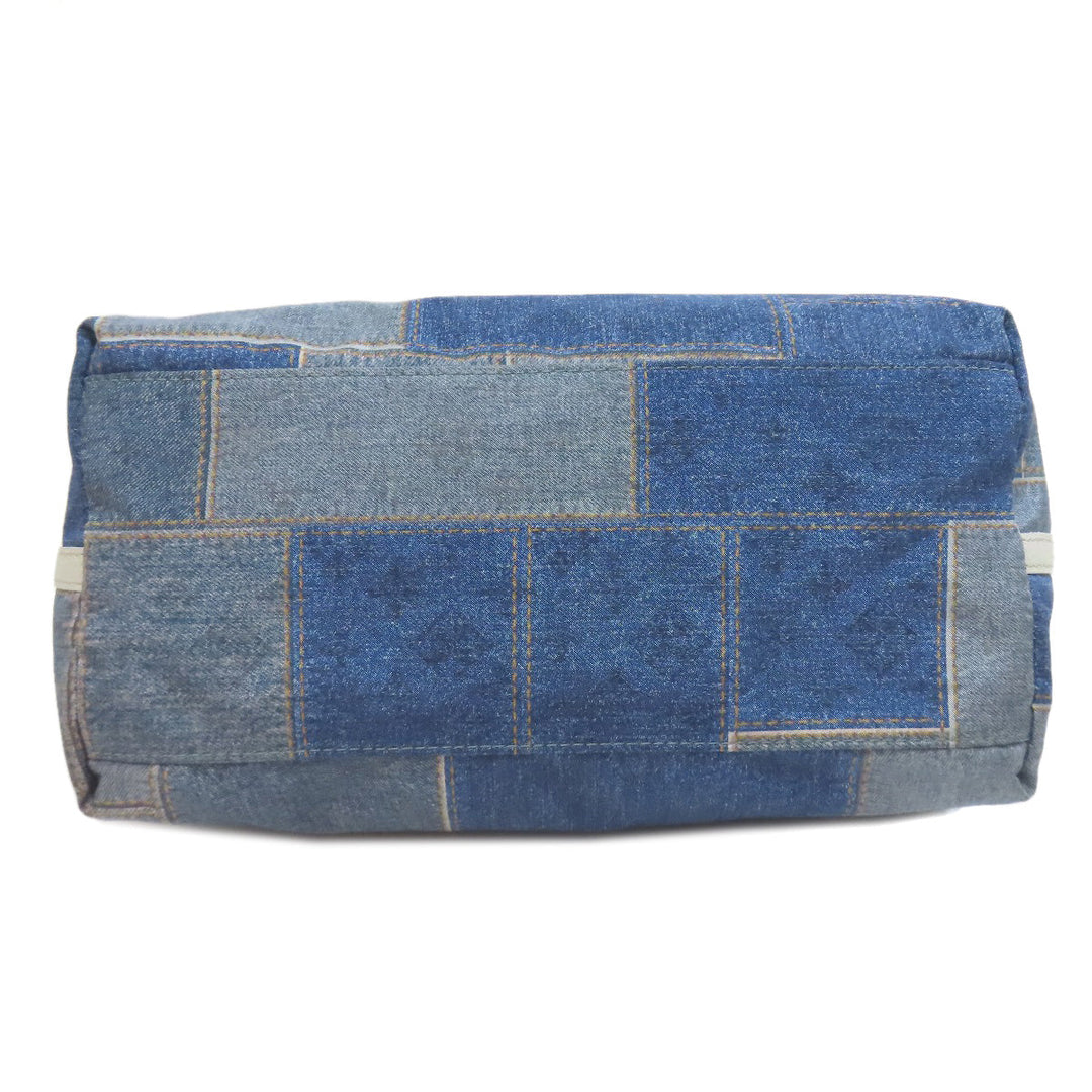 russet Tote Bag Nylon blue Denim patchwork print with long wallet Women Used Authentic