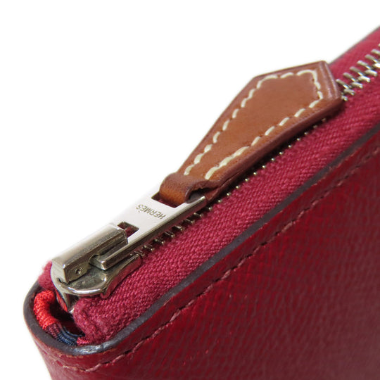 HERMES Long Wallet Purse Epsom Red Azap Silk In Long Silver Metal Women Used Authentic